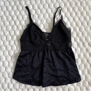 Victorias Secret Black Silky Lace Camisole Tank Top Size XL Adjustable Bow